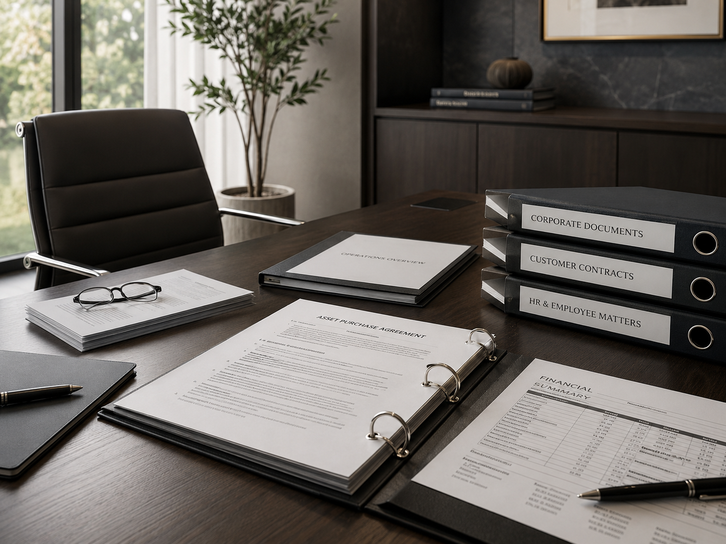 Asset purchase agreement and corporate document binders on an executive desk
