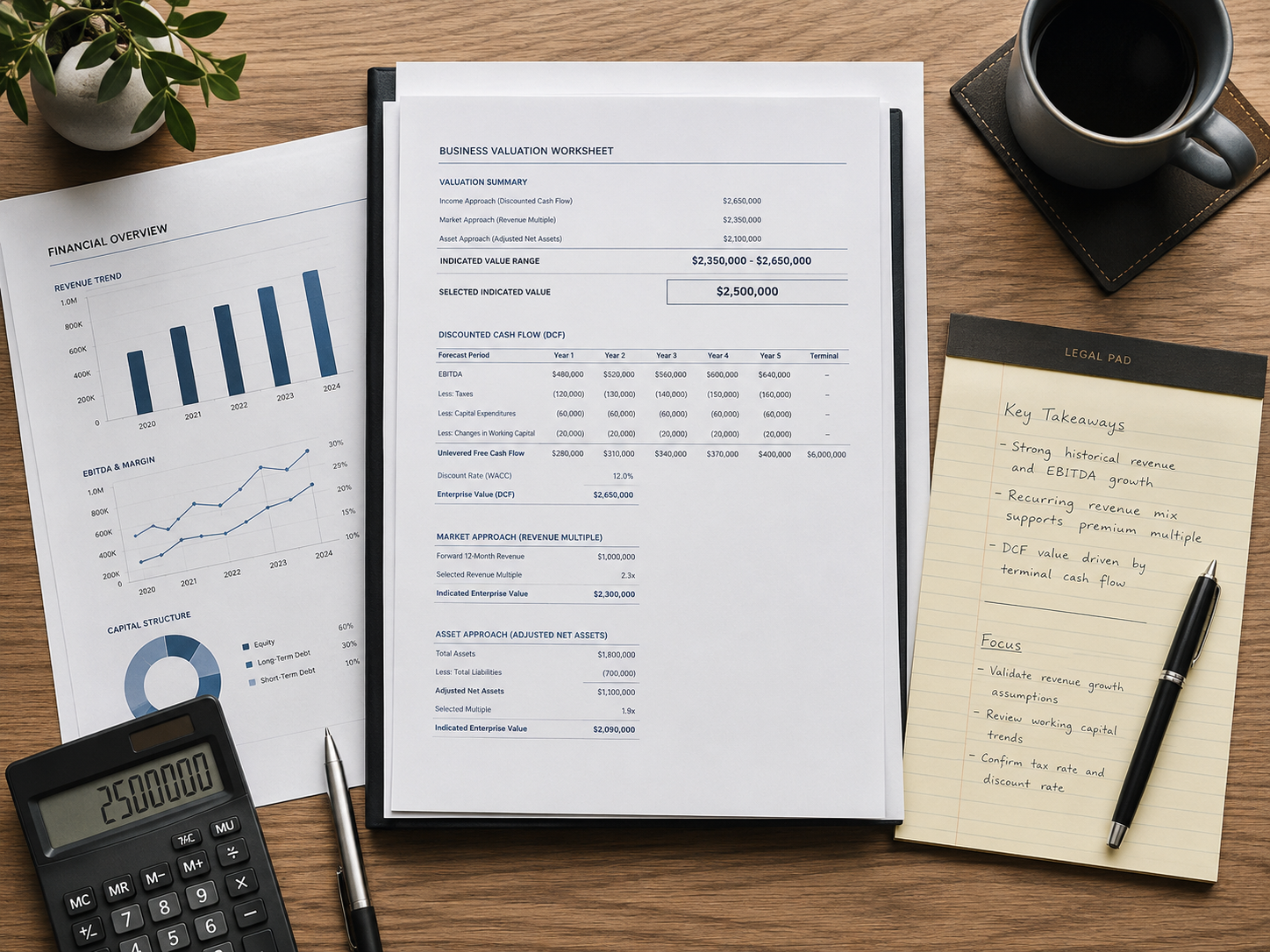 Business valuation worksheet with financial overview and key takeaways
