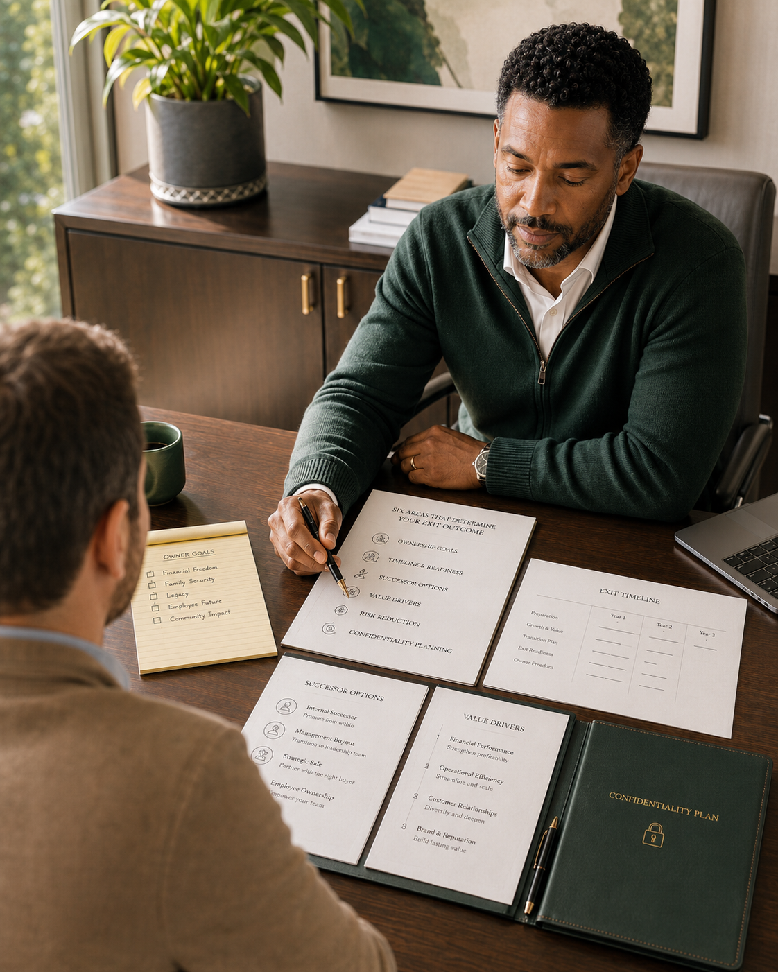 Exit planning framework review showing ownership goals, successor options, value drivers, and confidentiality planning